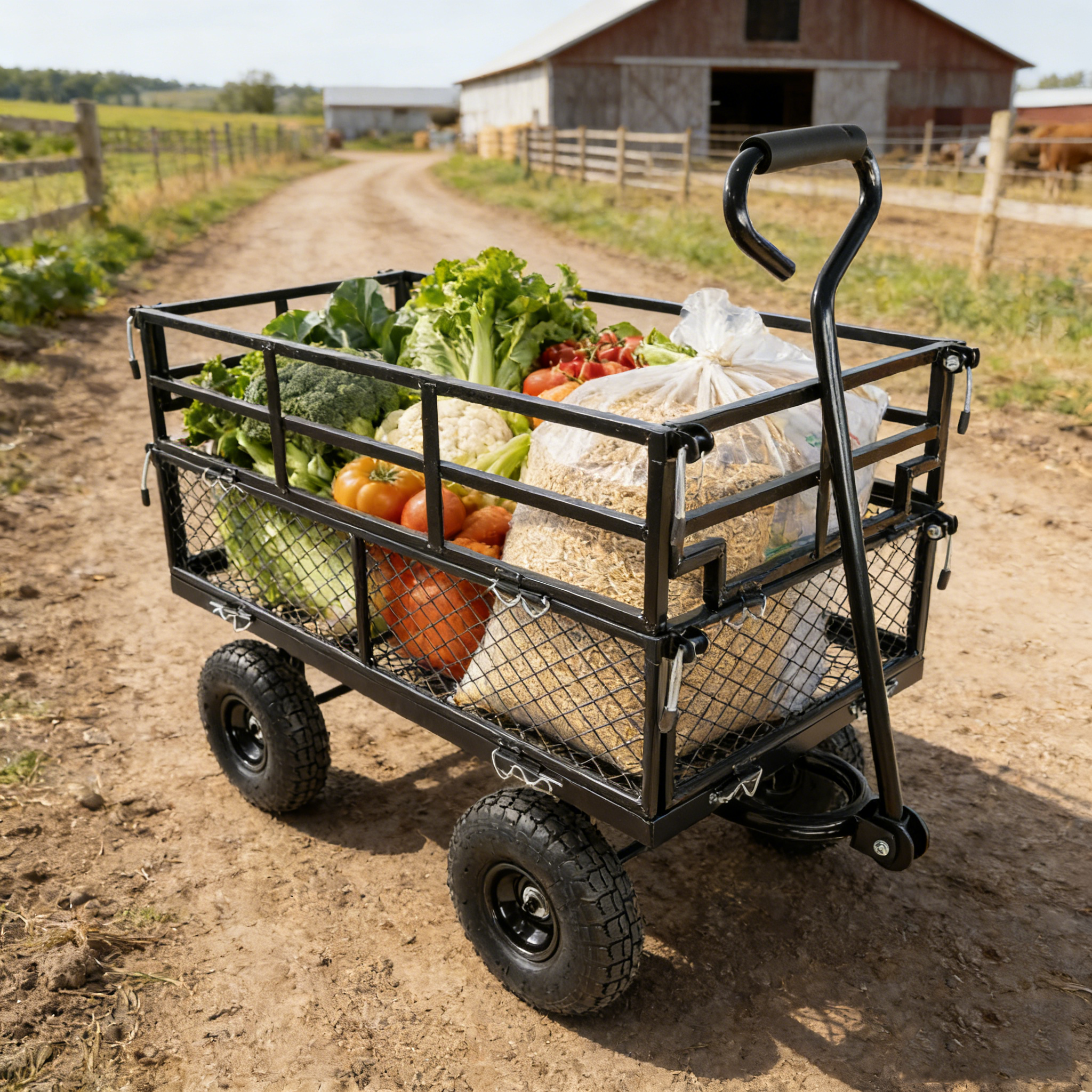 (Black double fence utility cart) Wagon Cart Garden cart trucks make it easier to transport firewood