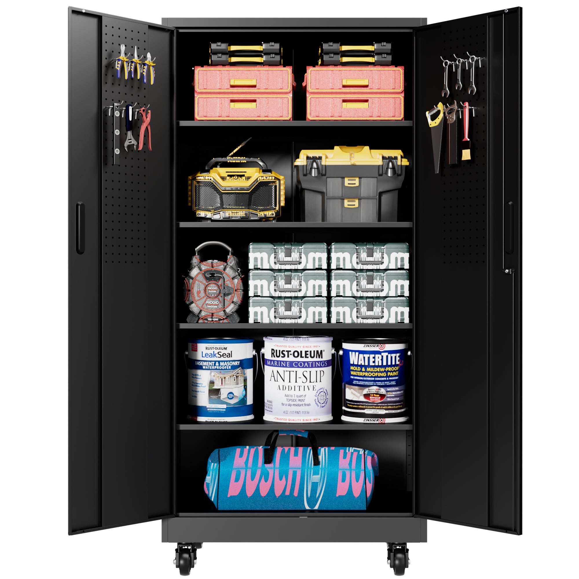 71" Lockable Metal Garage Storage Cabinet with Pegboard Doors & Wheels, 4 Adjustable Shelves, 900 lb Capacity