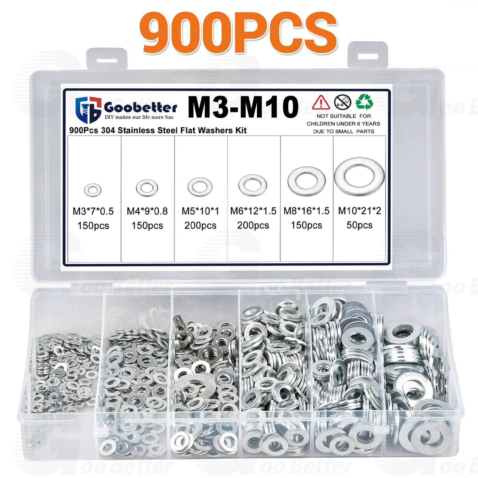 900Pcs Flat Washers Assortment Set Zinc Plated Washer For Screws M3 M4 M5 M6 - M10 - HomeDIYer
