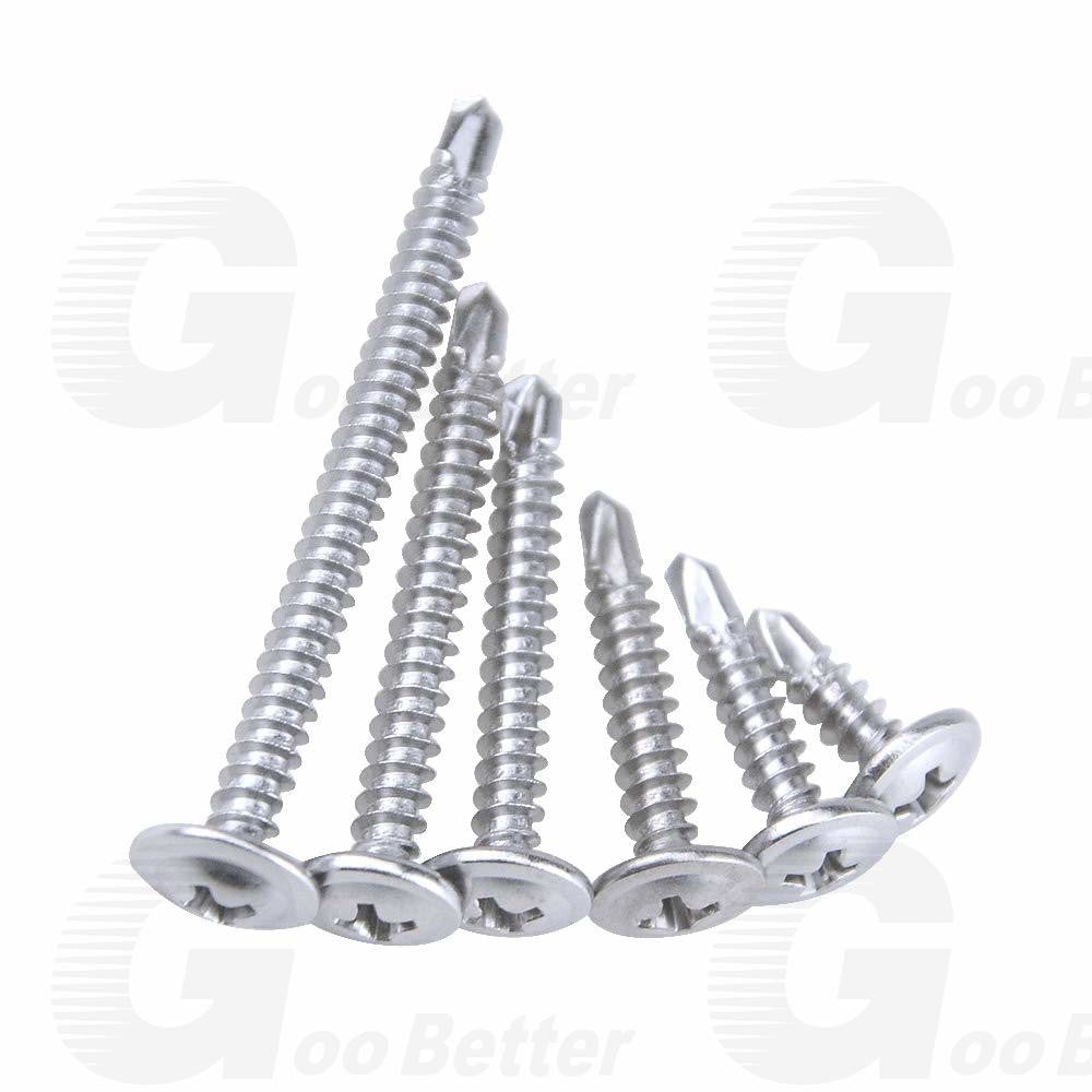190pcs #8 Wafer Head Self Drilling Screws – 410 Stainless Steel, 1/2″ 5/8″ 3/4″ 1″ 1-1/4″