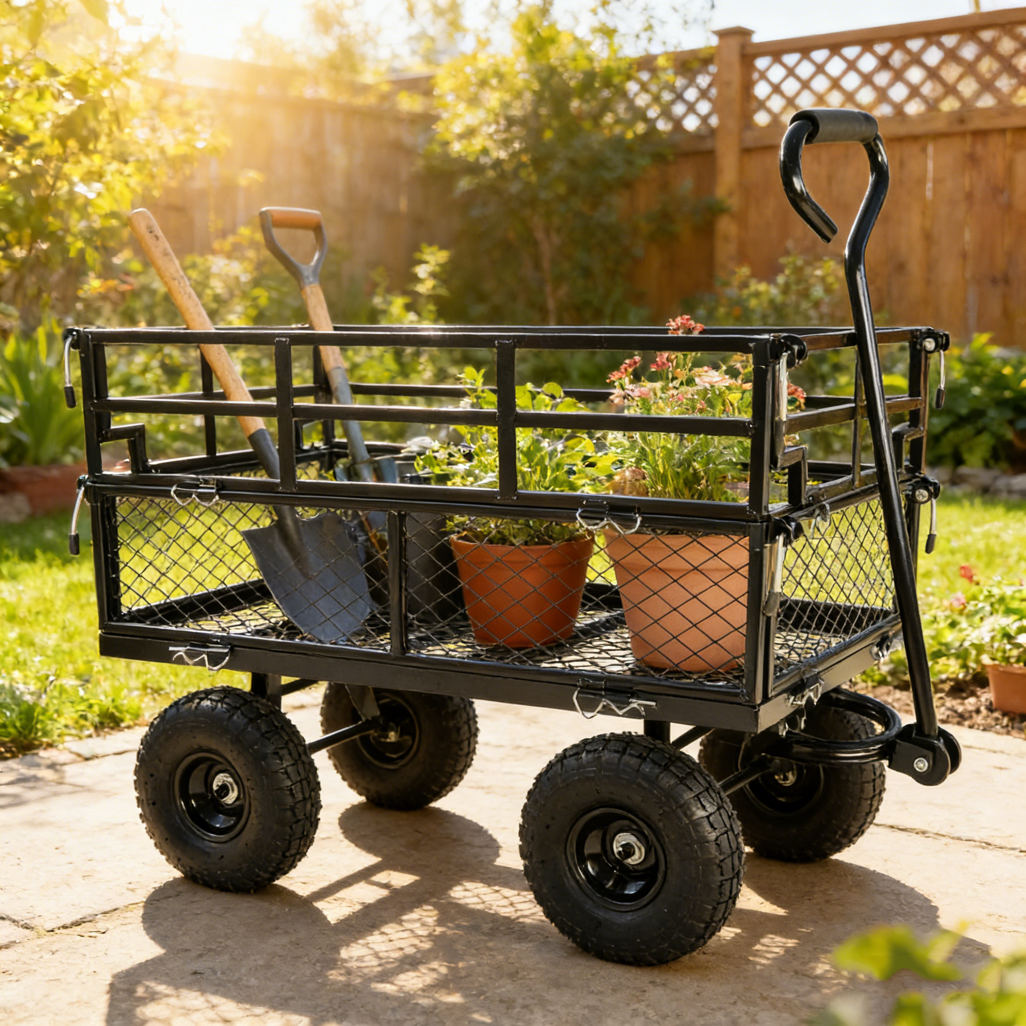 (Black double fence utility cart) Wagon Cart Garden cart trucks make it easier to transport firewood