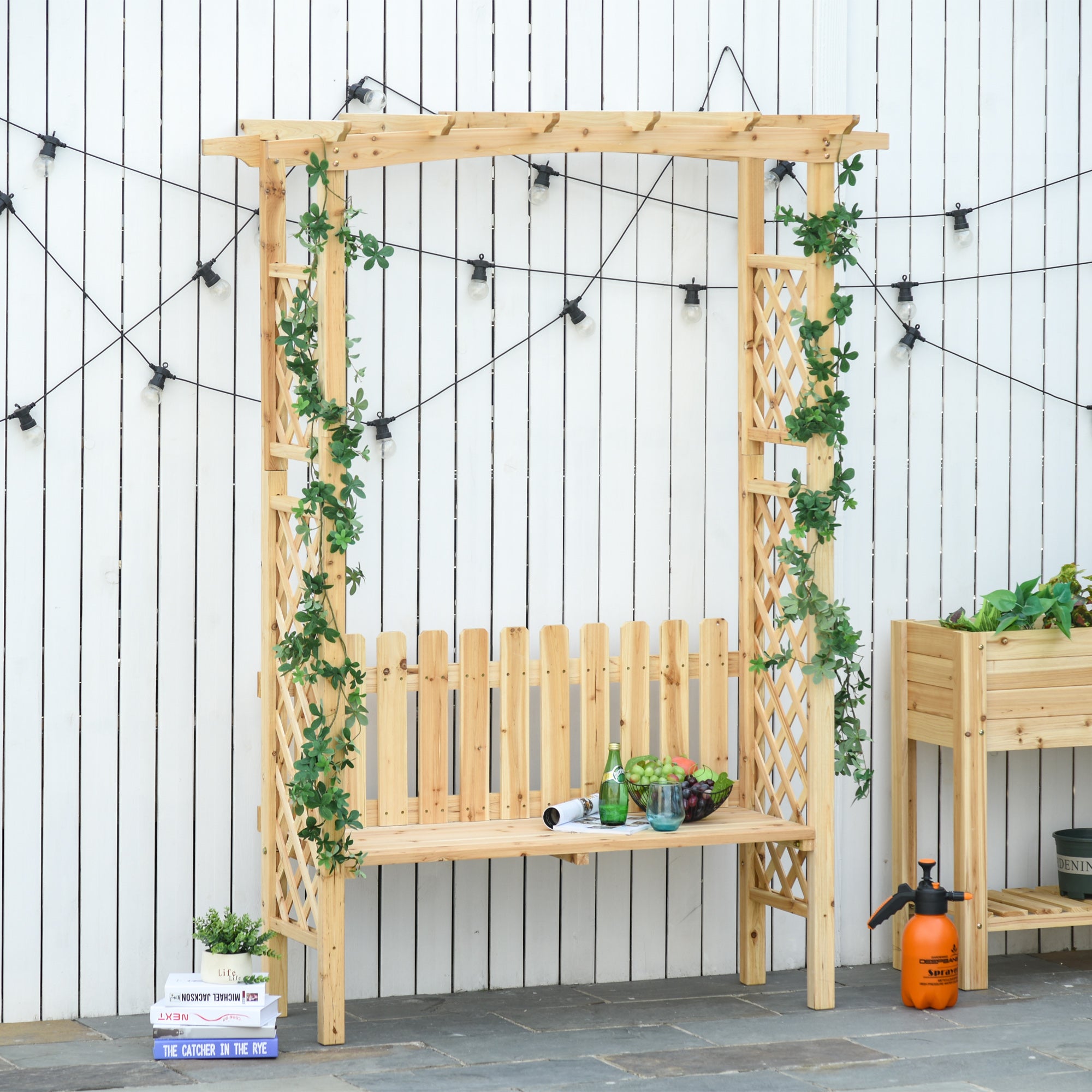Outsunny Wooden Garden Arbor for Climbing Plants with Garden Bench, Garden Arch to Grow Grapes & Vines, Patio Decor & 2-Person Outdoor Wood Decorative Seating, Natural