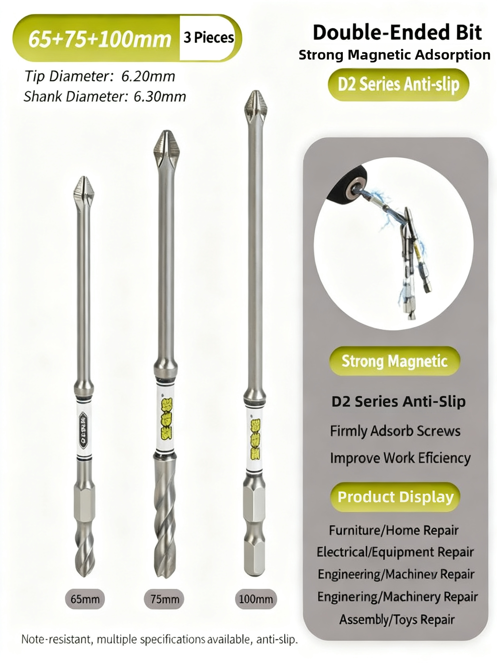 D2 Steel Anti-Slip Magnetic Impact Screwdriver Bits | Nunchaku-Style Single-End Bits