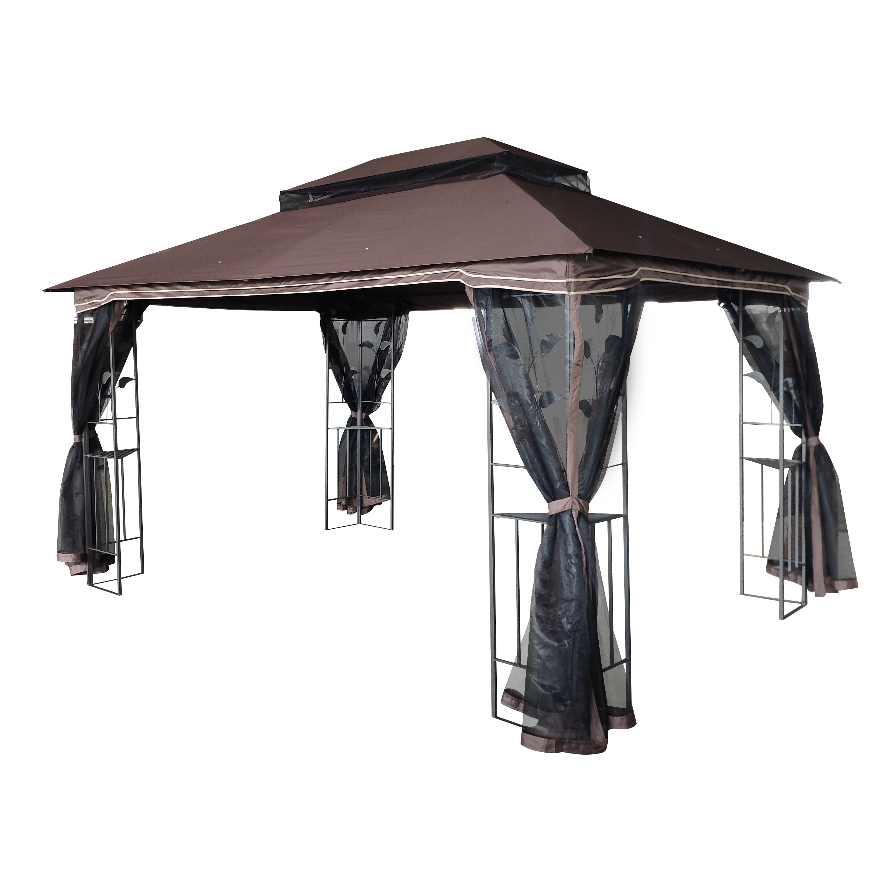 13x10 ft Patio Gazebo with Double-Tiered Roof, 4-Side Mesh Screens & Decorative Frame – Brown