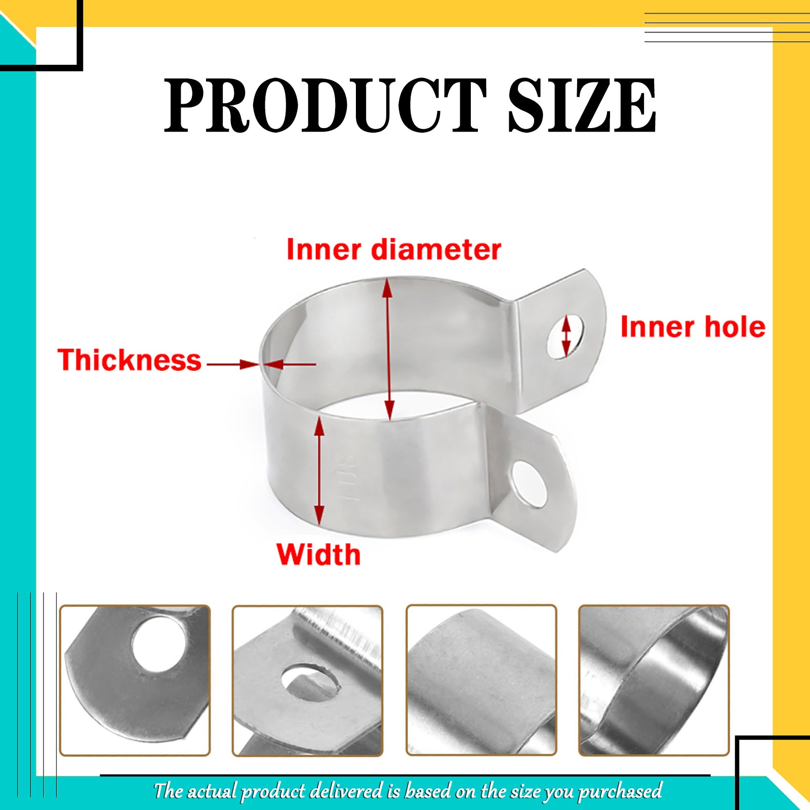 304 stainless steel pipe clamp, U-bolt hose clamp, detailed showing width, thickness, inner diameter, and hole size. Suitable for pipes from 10-115mm. | HomeDIYer