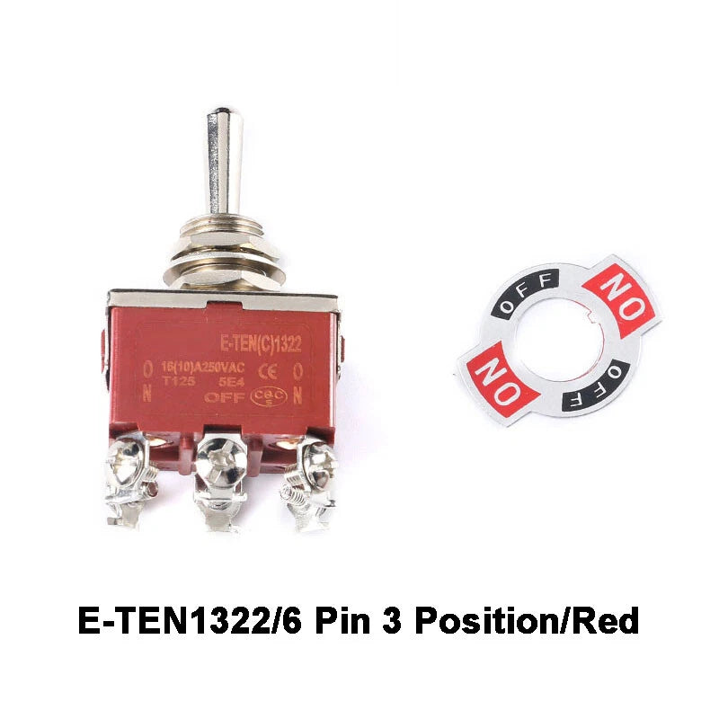 E-TEN Toggle Switch SPDT ON-ON 15A 250V — 2/3/4/6/9/12 Pin, 2/3 Position, Orange or Red