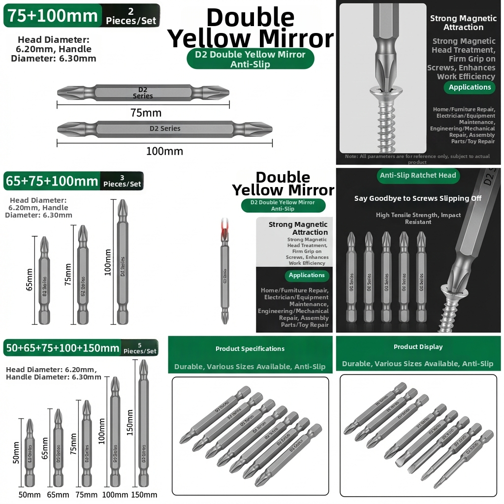 D2 Steel Anti-Slip Magnetic Impact Screwdriver Bits | Nunchaku-Style Single-End Bits