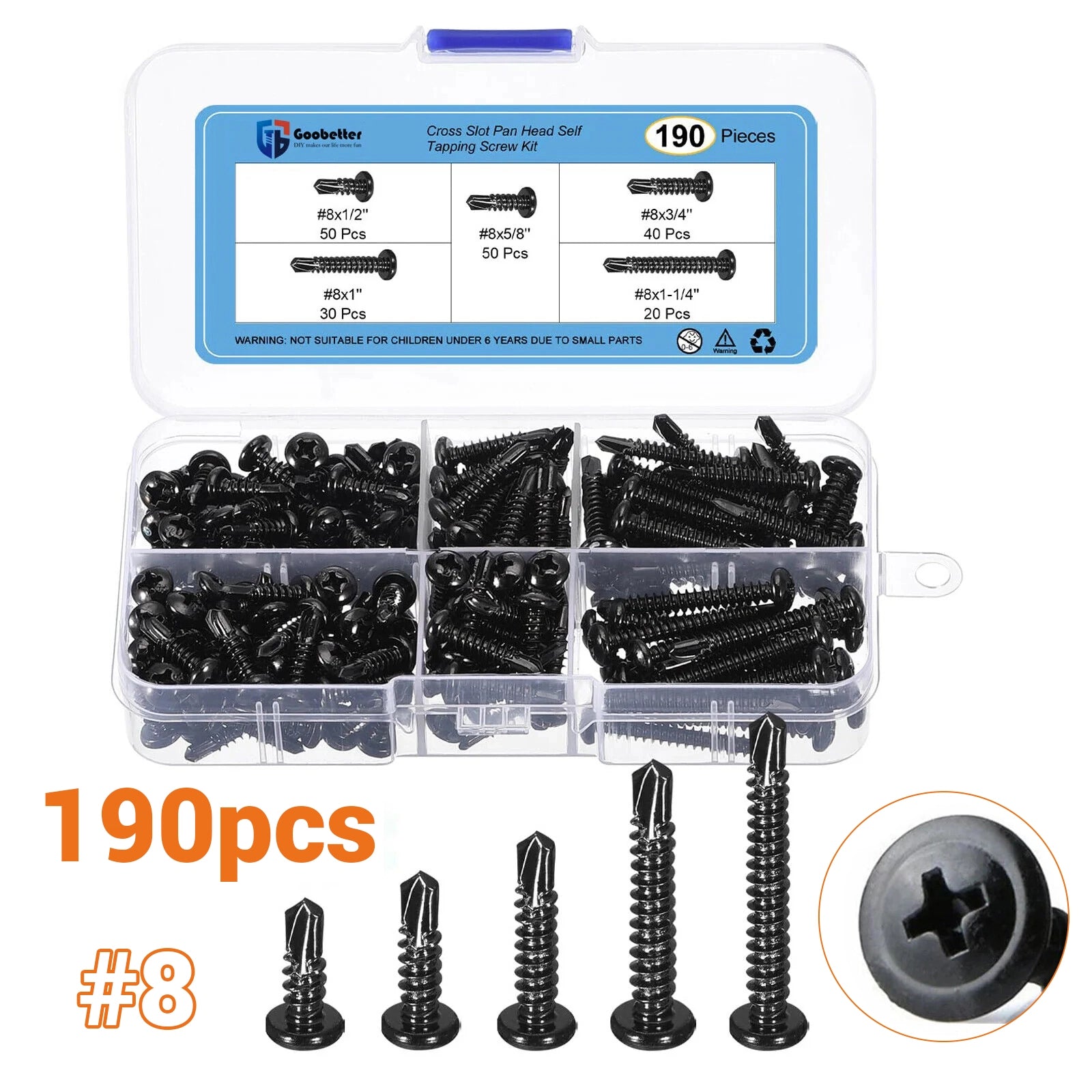 190Pcs Self Drilling/Tapping Screws Wafer Head Screws Black Set for Metal Sheets