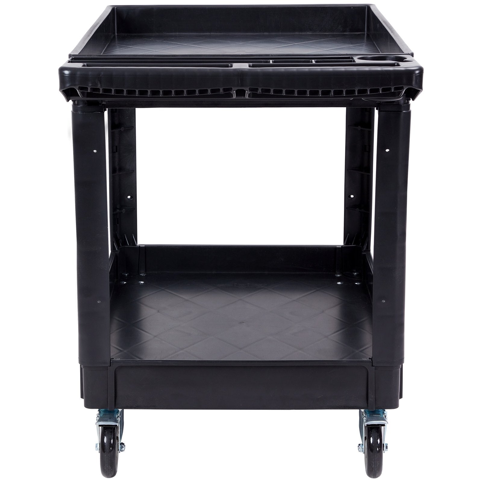 Utility Service Cart, 2 Shelf 550LBS Heavy Duty Plastic Rolling Utility Cart with 360° Swivel Wheels (2 with Brakes), Large Lipped Shelf, Ergonomic Storage Handle for Warehouse/Garage/Cleaning