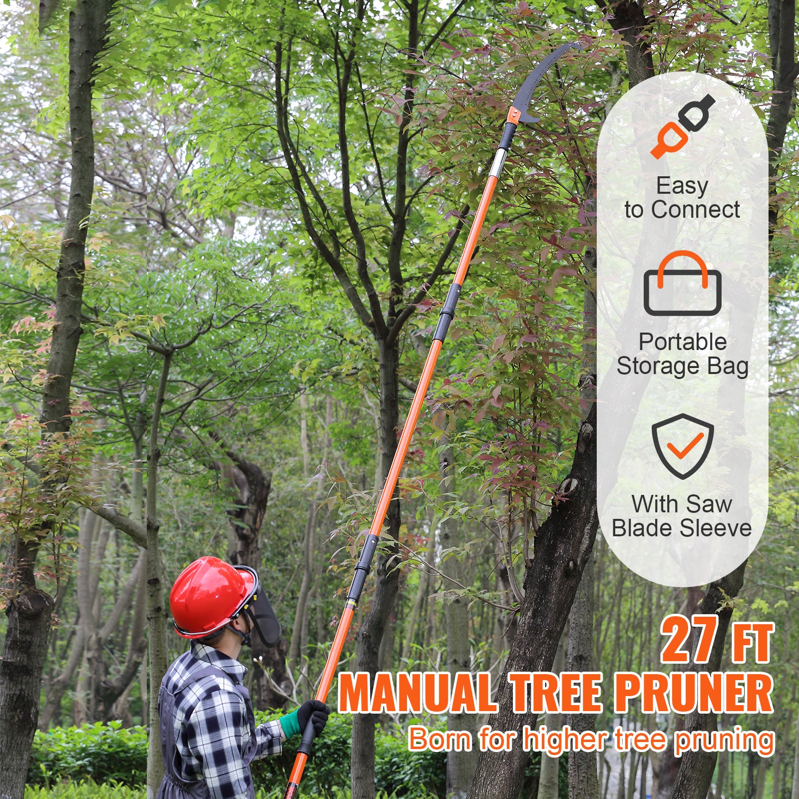 Manual Pole Saw – 7.3–27 ft Extendable Tree Pruner | Lightweight 11 lbs, Double-Lock Fiberglass Poles & Teflon Steel Blade