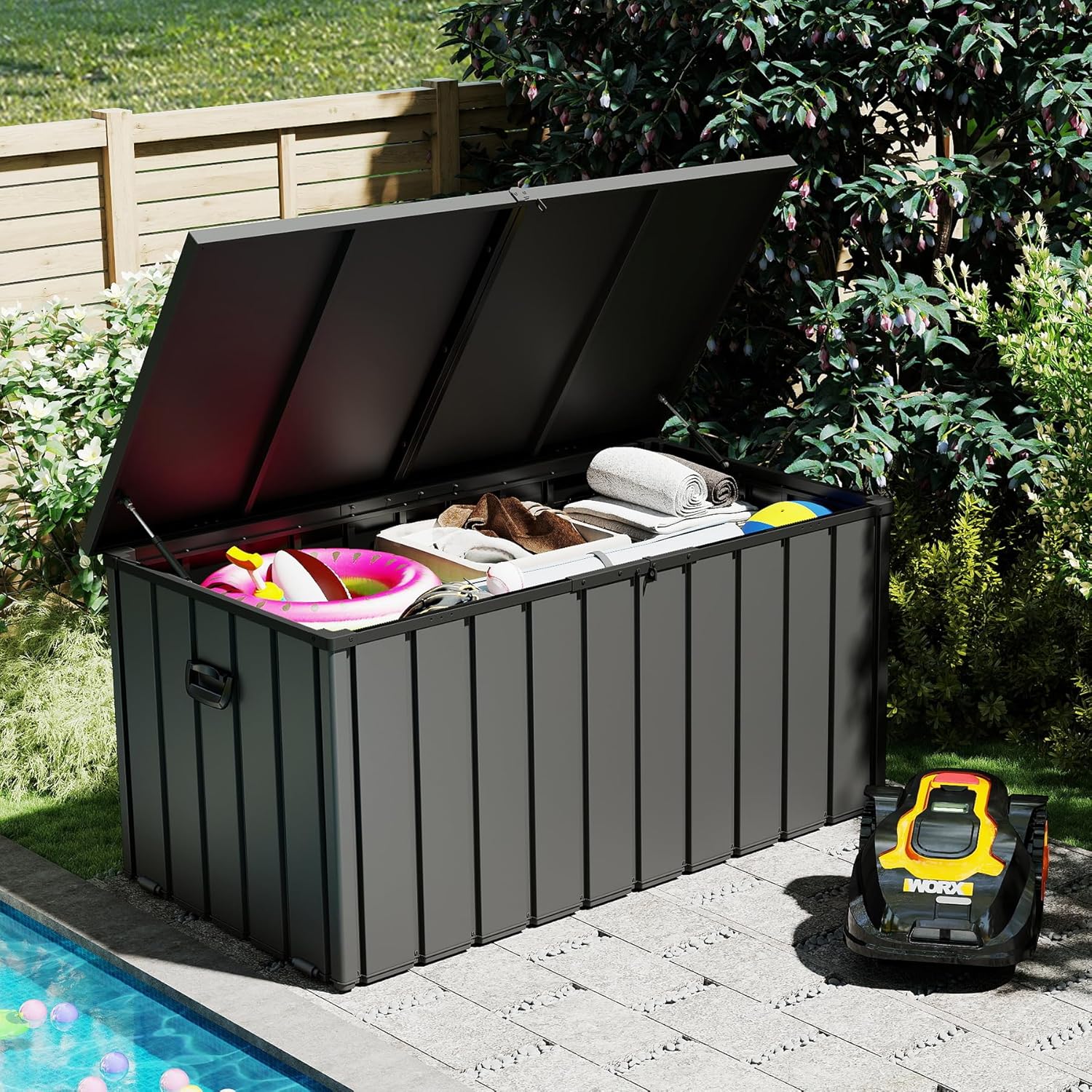 200 Gallon Metal & Plastic Deck Box – Waterproof Outdoor Storage Bench with Lockable Lid, Dark Gray