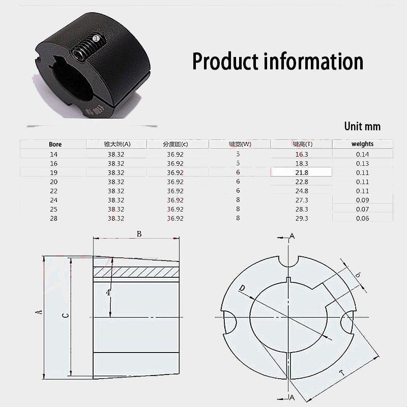 CPT 2012 tapered bushings, 24 - 50mm bore diameter, cast iron GG25 material, surface phosphating Blacking - HomeDIYer