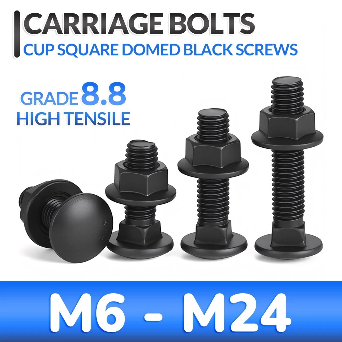 Black Carriage Bolts Grade 8.8 | M6–M24 Cup Square Domed Head Screws - HomeDIYer