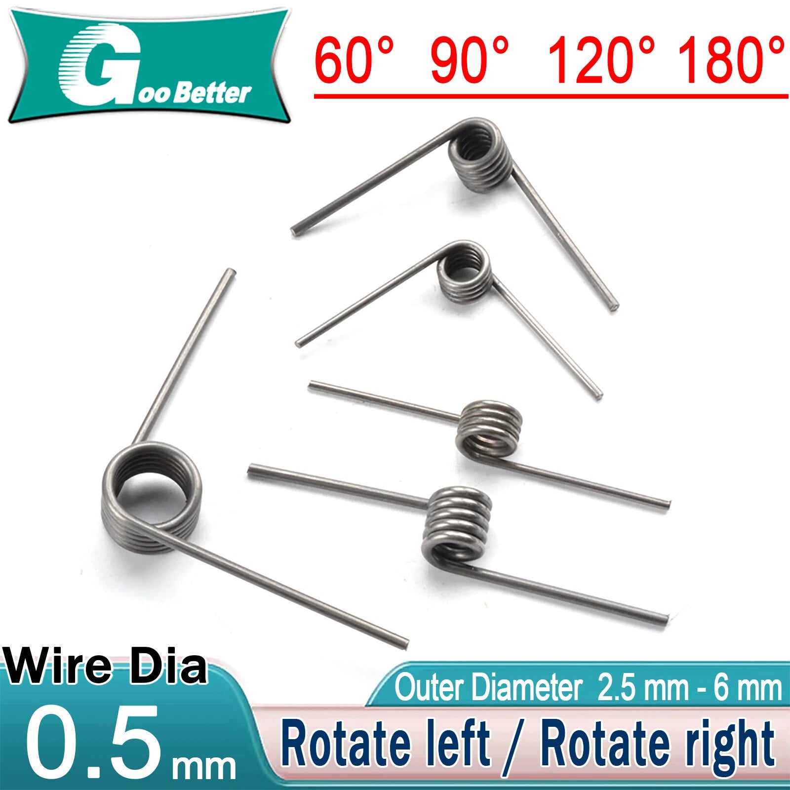 Torsion Spring (Pack Of 10), 0.5mm Wire Diameter, 2.5/3/4/5/6mm Outside Diameter