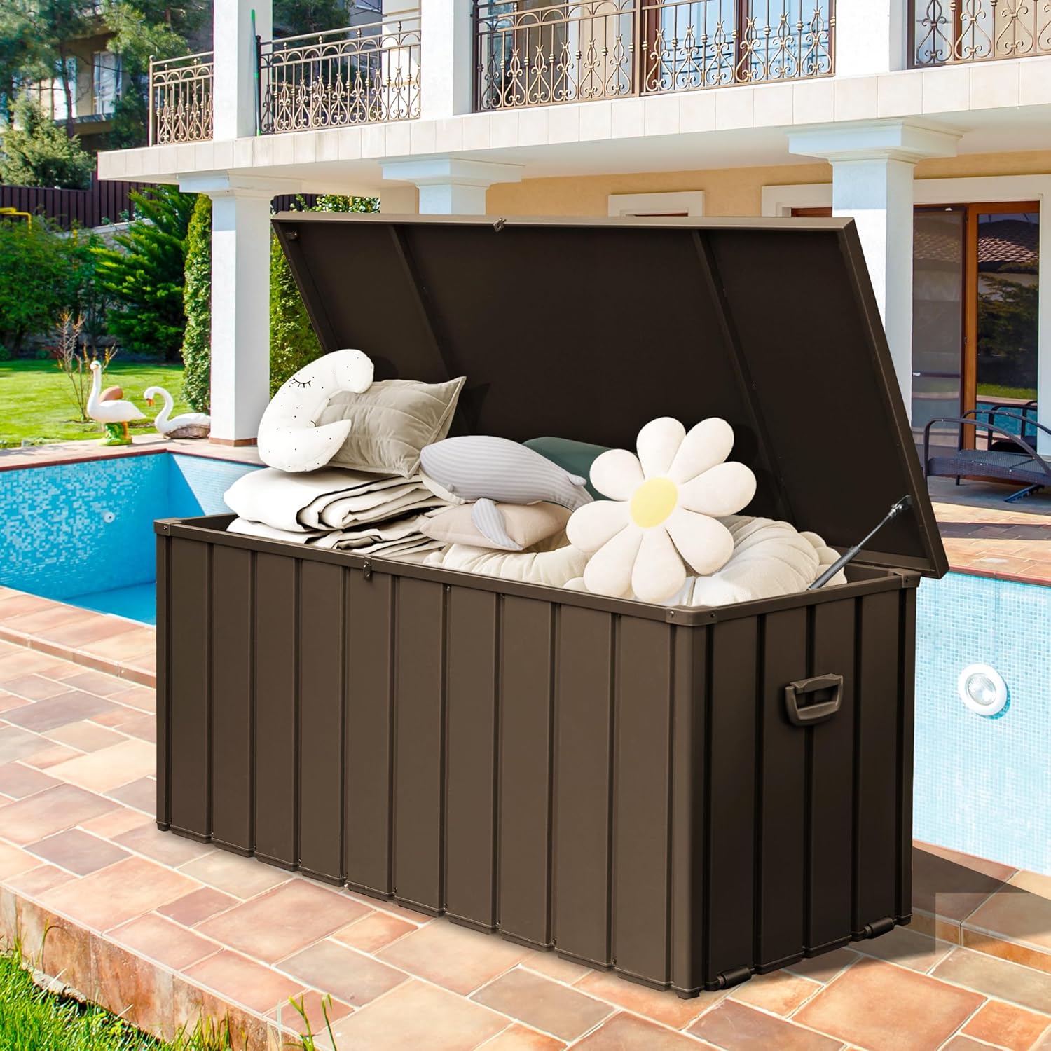 190 Gallon Metal Outdoor Deck Box – Waterproof Steel Storage Bench, Lockable Package Delivery, Dark Brown
