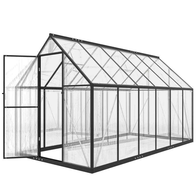 Modern Walk‑In Greenhouse — UPF 50+ Polycarbonate Panels Swing Door Adjustable Roof Vents Black Clear