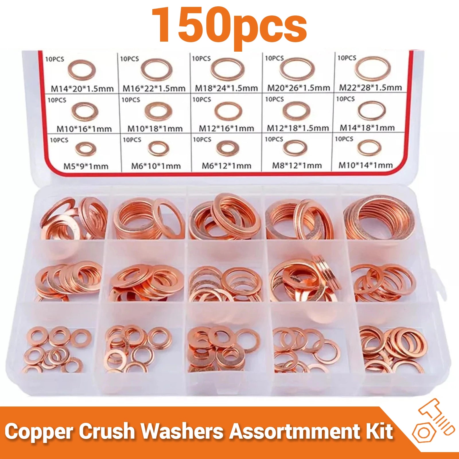 150 PCS Copper Crush Washer Gasket Set Flat O Ring Seal Assortment Kit M5 to M22 - HomeDIYer