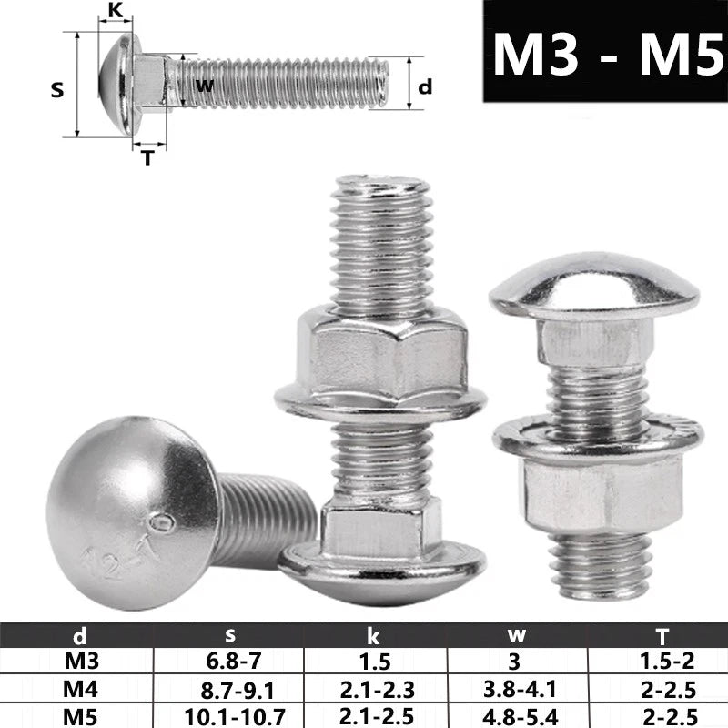 M3 M4 M5 Carriage Bolts with Hex Flange Nuts — A2 Stainless Steel