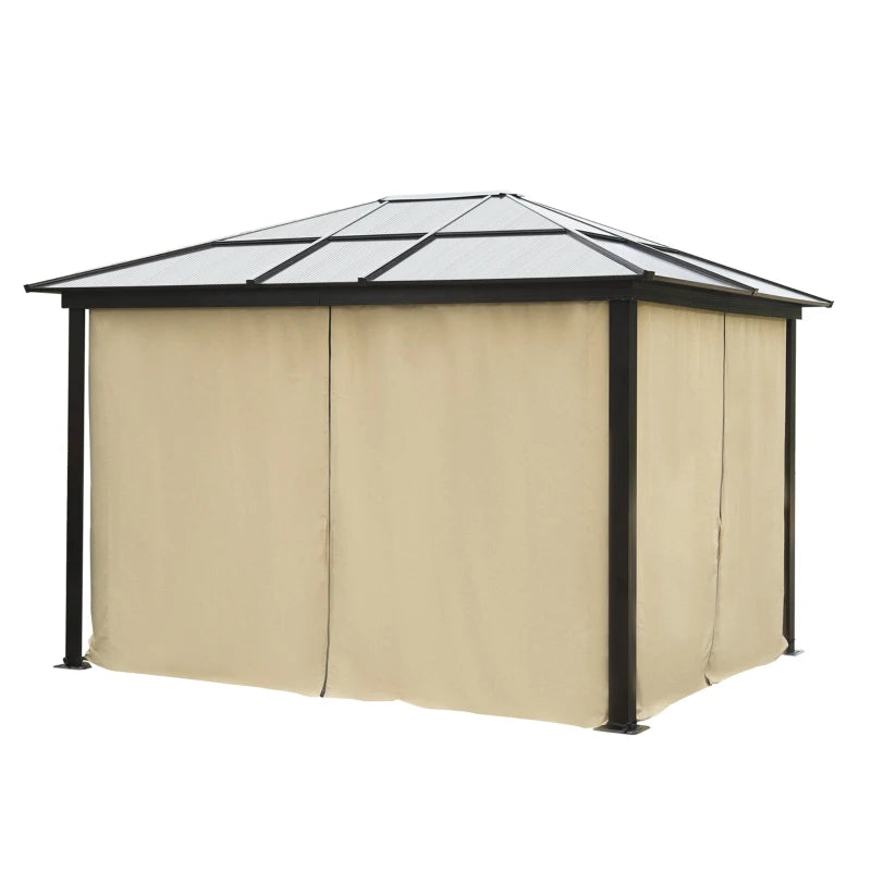 11.8x9.7 FT Hardtop Gazebo, Tinted Polycarbonate Roof, Aluminum Frame, 4 Mesh + 4 Curtain Sidewalls, Beige/Brown