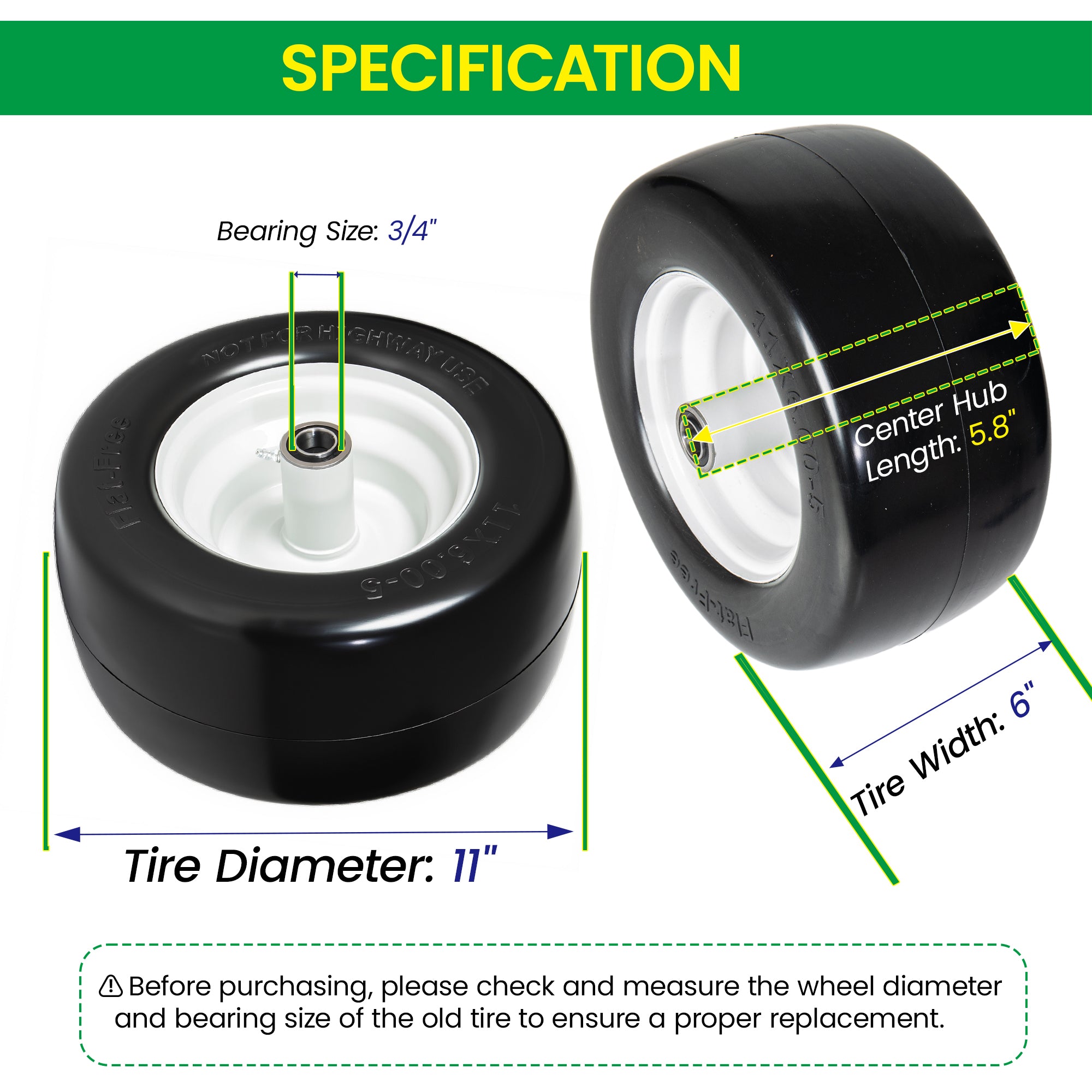 (Set of 2) 11x6.00-5 Solid Tire and Wheel – Smooth Tread, 3/4" Bearing, 5.8" Hub, for Zero Turn Mowers & Carts