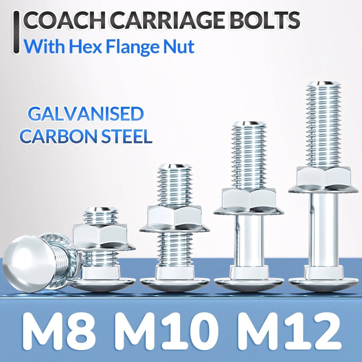M8 M10 M12 Carriage Bolts with Hex Nuts — Zinc - Plated Steel, Full & Partial Thread - HomeDIYer