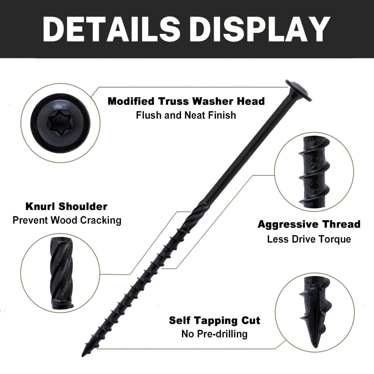 Black Lag Screw Torx Self Tapping Wood Screws Set with Bit 14x3" - HomeDIYer