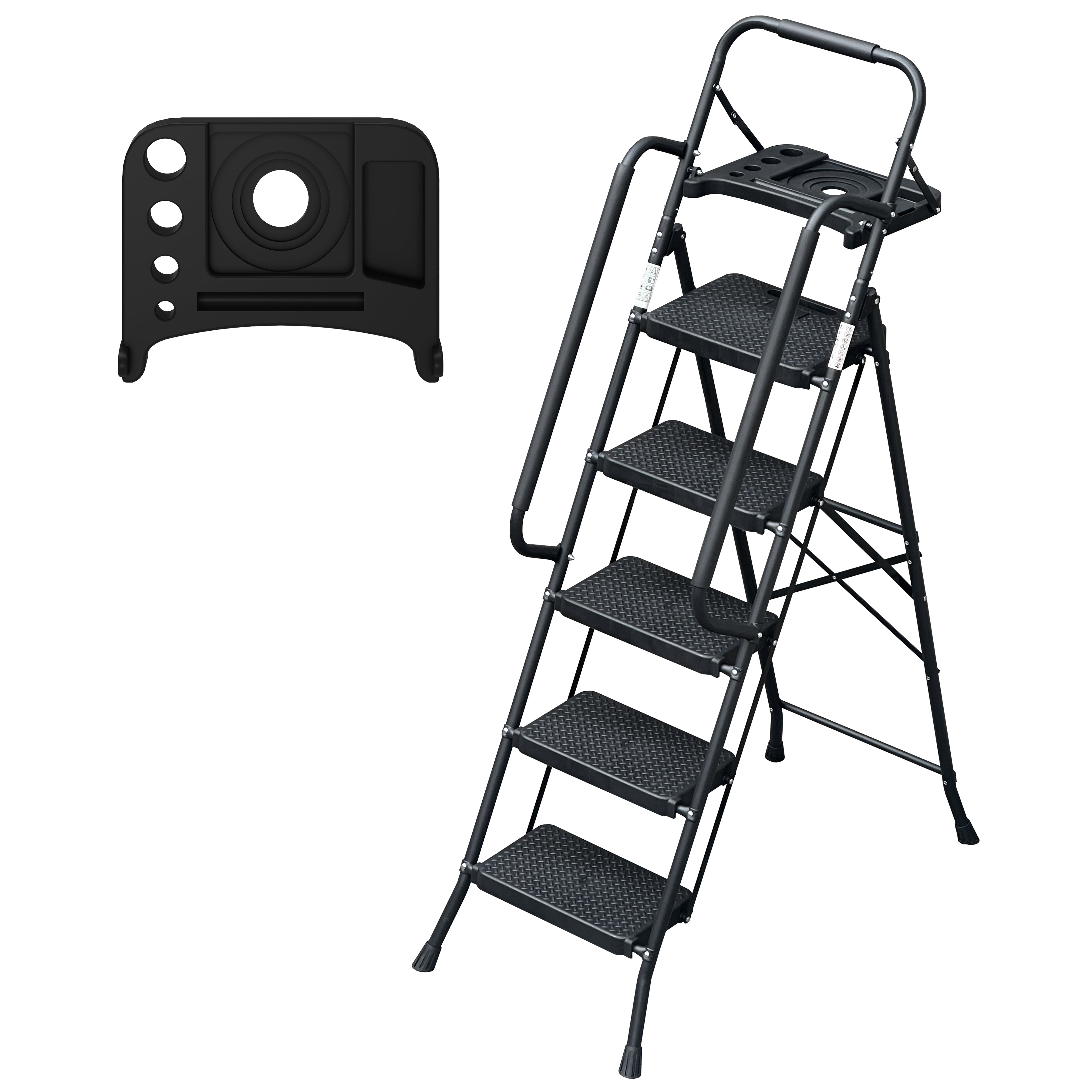 5‑Step Folding Step Stool with Handrails & Tool Tray — 330 lb Capacity, Black Steel, Non‑Slip Pedals