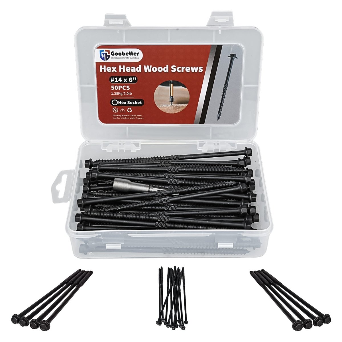 14 x 8" Hex Head Heavy Duty Black Timber Outdoor Log/Landscaping Wood Screw & Hex Socket 50Pcs - HomeDIYer
