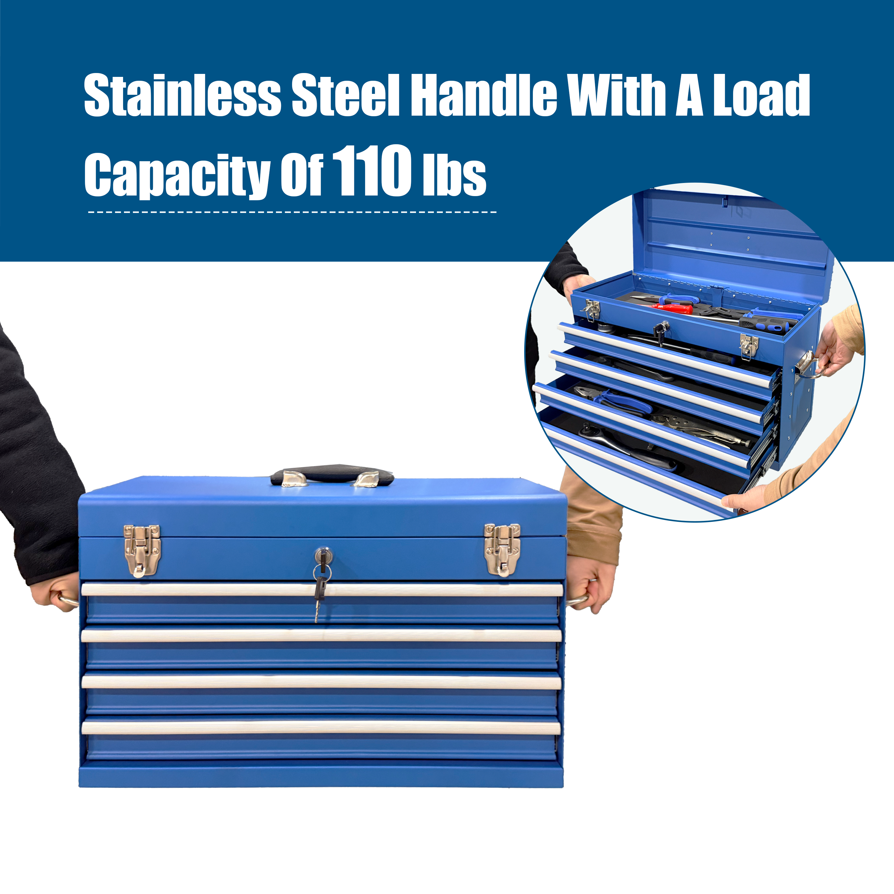 Heavy Duty Metal Tool Box – 21" Portable 4‑Drawer Tool Chest with EVA Liners, Ball Bearing Slides & Locking System