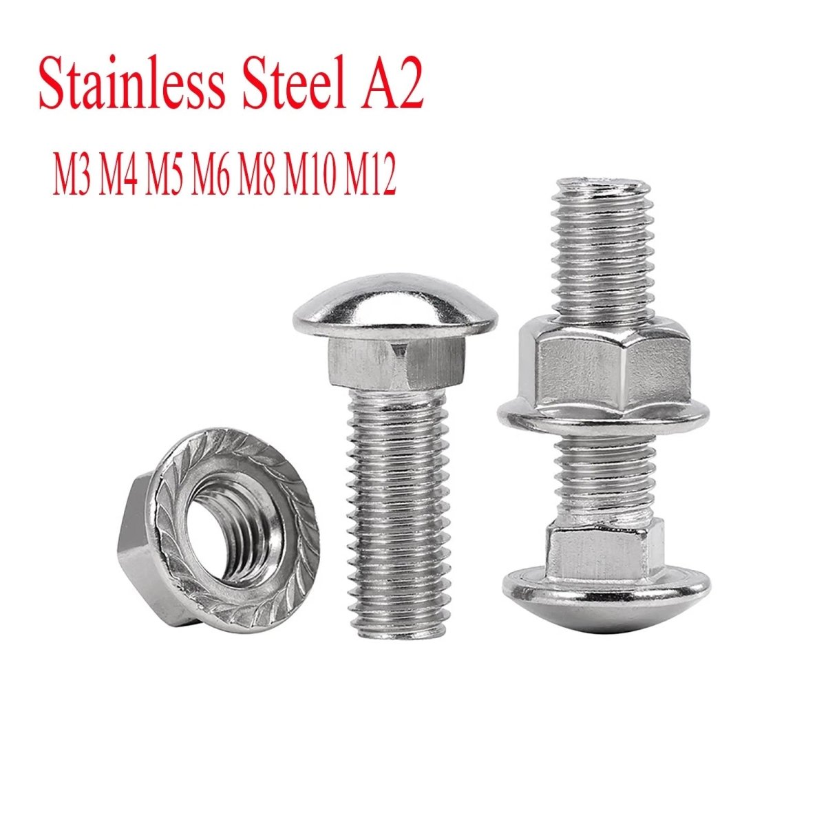 Stainless Steel A2 Carriage Bolts with Flange Nuts — M3 to M12 Cup Square Coach Screws Set - HomeDIYer