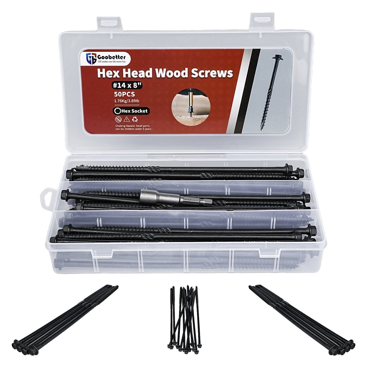 14 x 8" Hex Head Heavy Duty Black Timber Outdoor Log/Landscaping Wood Screw & Hex Socket 50Pcs - HomeDIYer