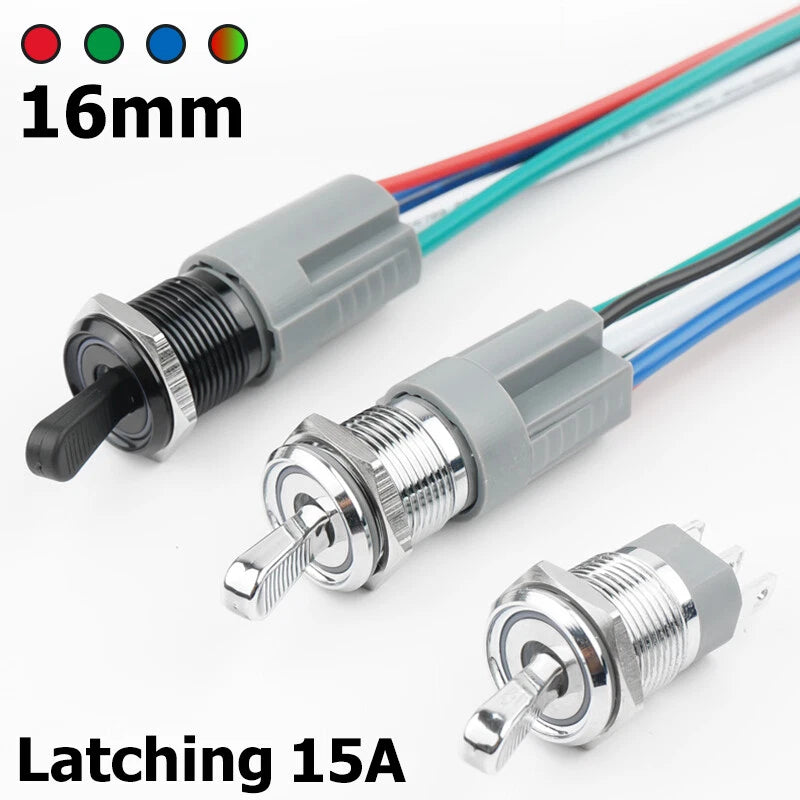 16mm LED Metal Toggle Switch – Latching SPST Waterproof, 3–24V, Nickel/Black/Steel