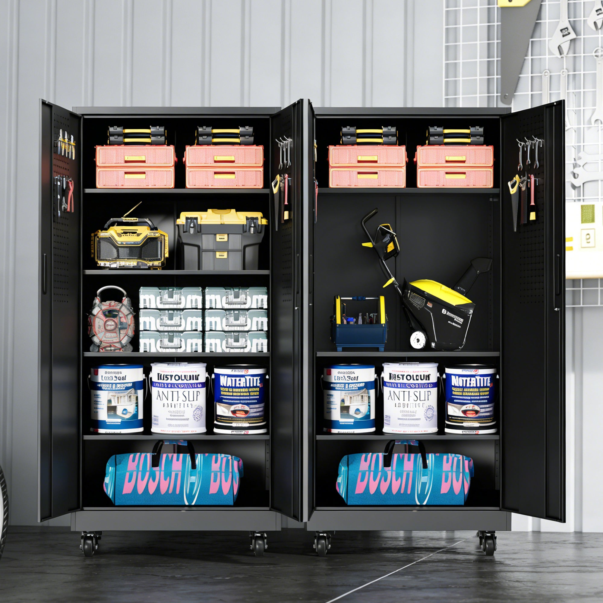 71" Lockable Metal Garage Storage Cabinet with Pegboard Doors & Wheels, 4 Adjustable Shelves, 900 lb Capacity
