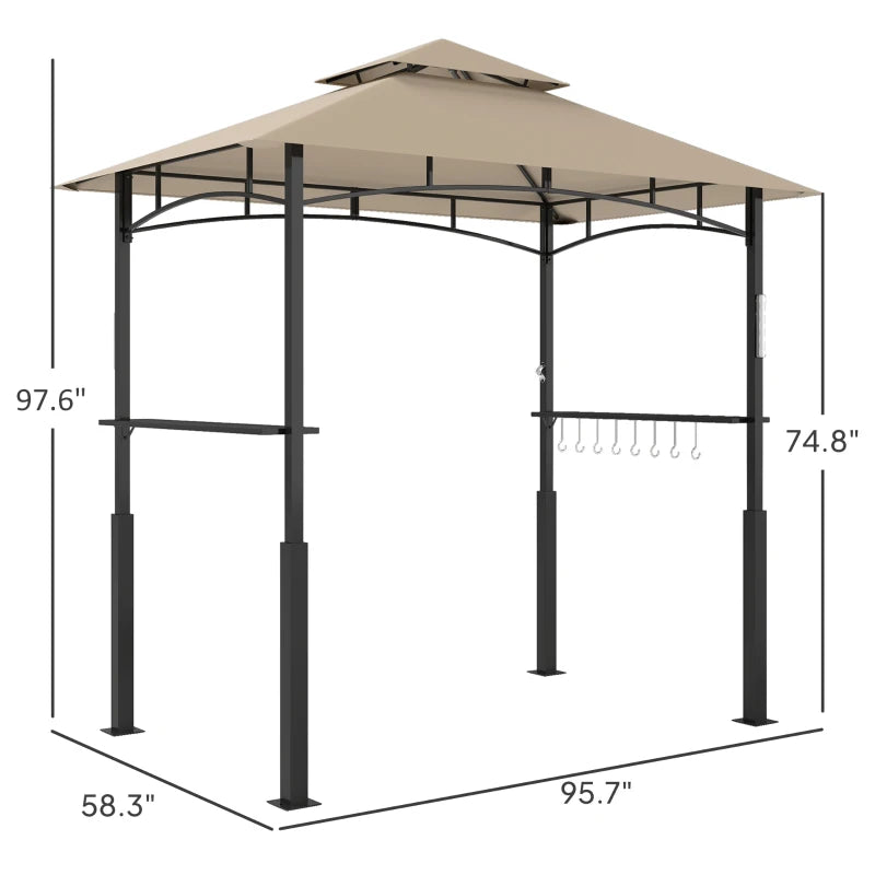 BBQ Grill Gazebo with Double-Tier Canopy, Side Shelves, 8 Hooks & LED Light, Fits Grills up to 59 in Wide, Khaki