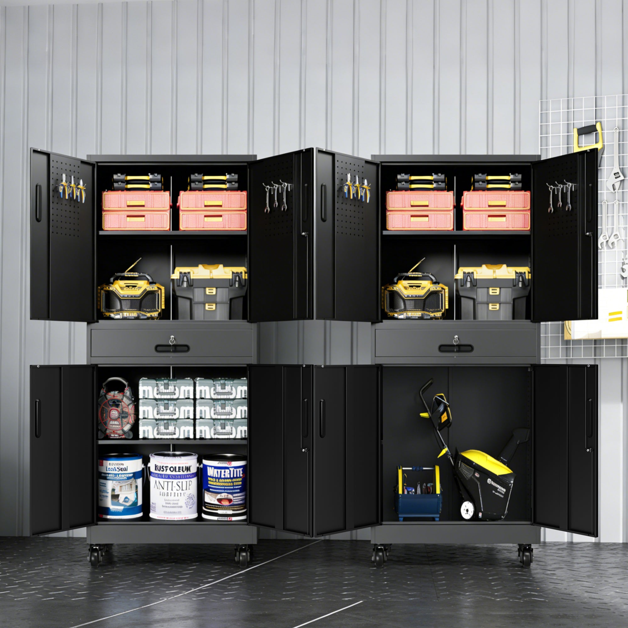 71" Metal Garage Storage Cabinet with Drawer, Pegboard Door, Locking Doors & Rolling Wheels, 720 lb Capacity