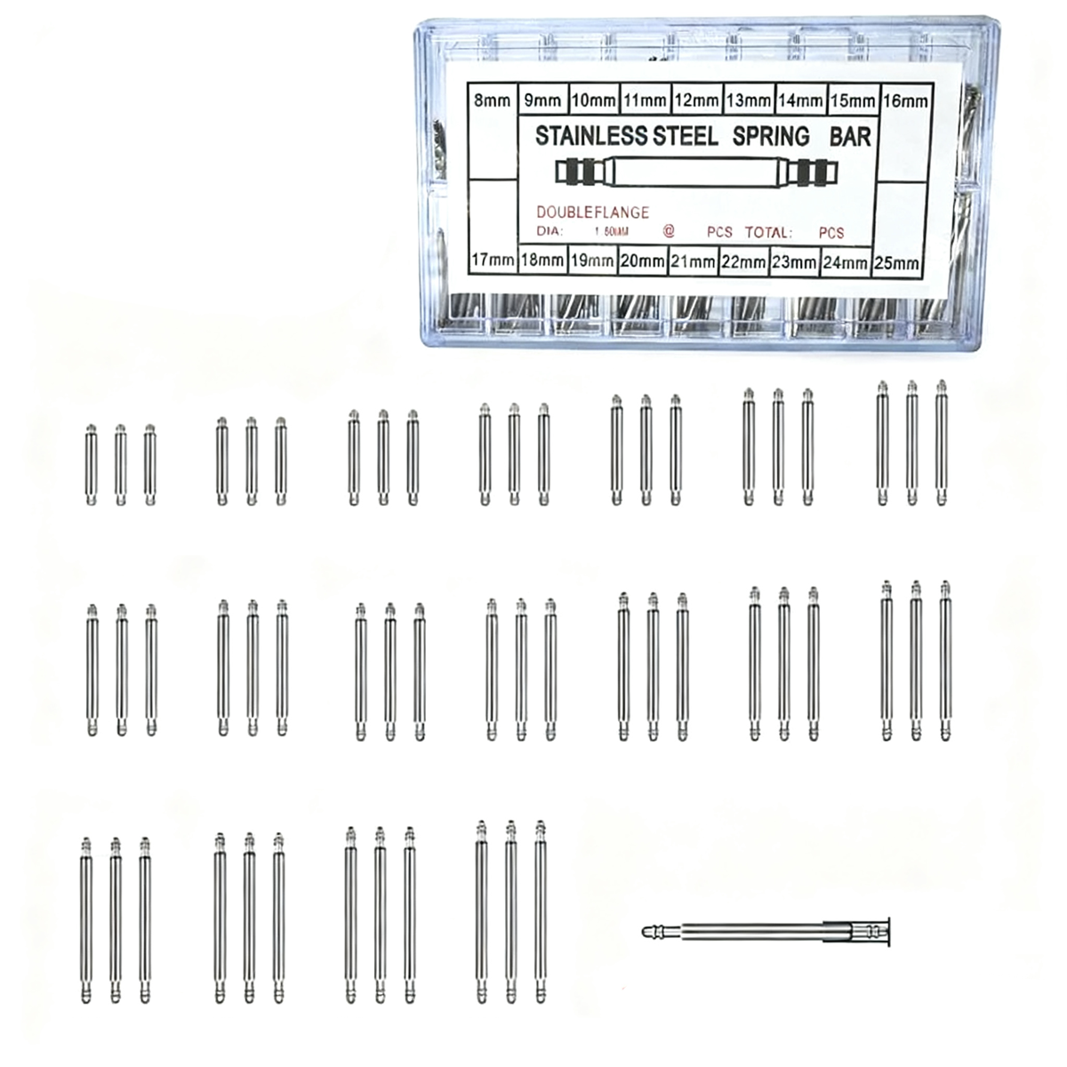 270 Stück Federstege 8-25mm Edelstahl Federstifte Uhrenstifte 1,8mm Uhrenreparatur