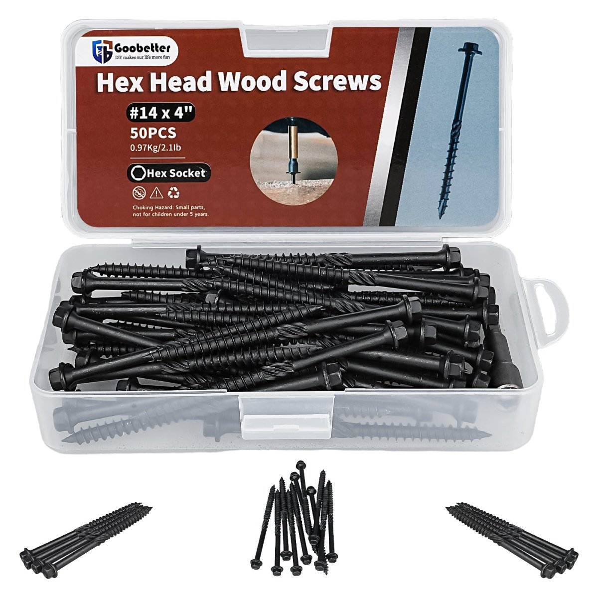 14 x 8" Hex Head Heavy Duty Black Timber Outdoor Log/Landscaping Wood Screw & Hex Socket 50Pcs - HomeDIYer