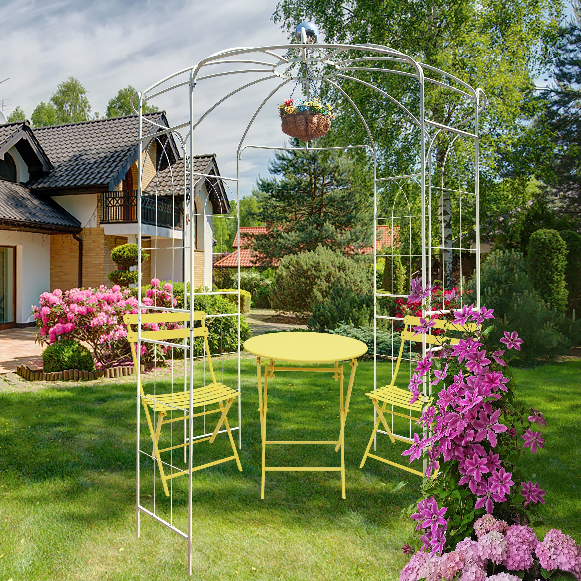 Metal Garden Arch Iron Garden Arbors Gazebo Dia 81.3'' x 114.2'' High Birdcage Shape Pergola Pavilion for Wedding Ceremony Cream White