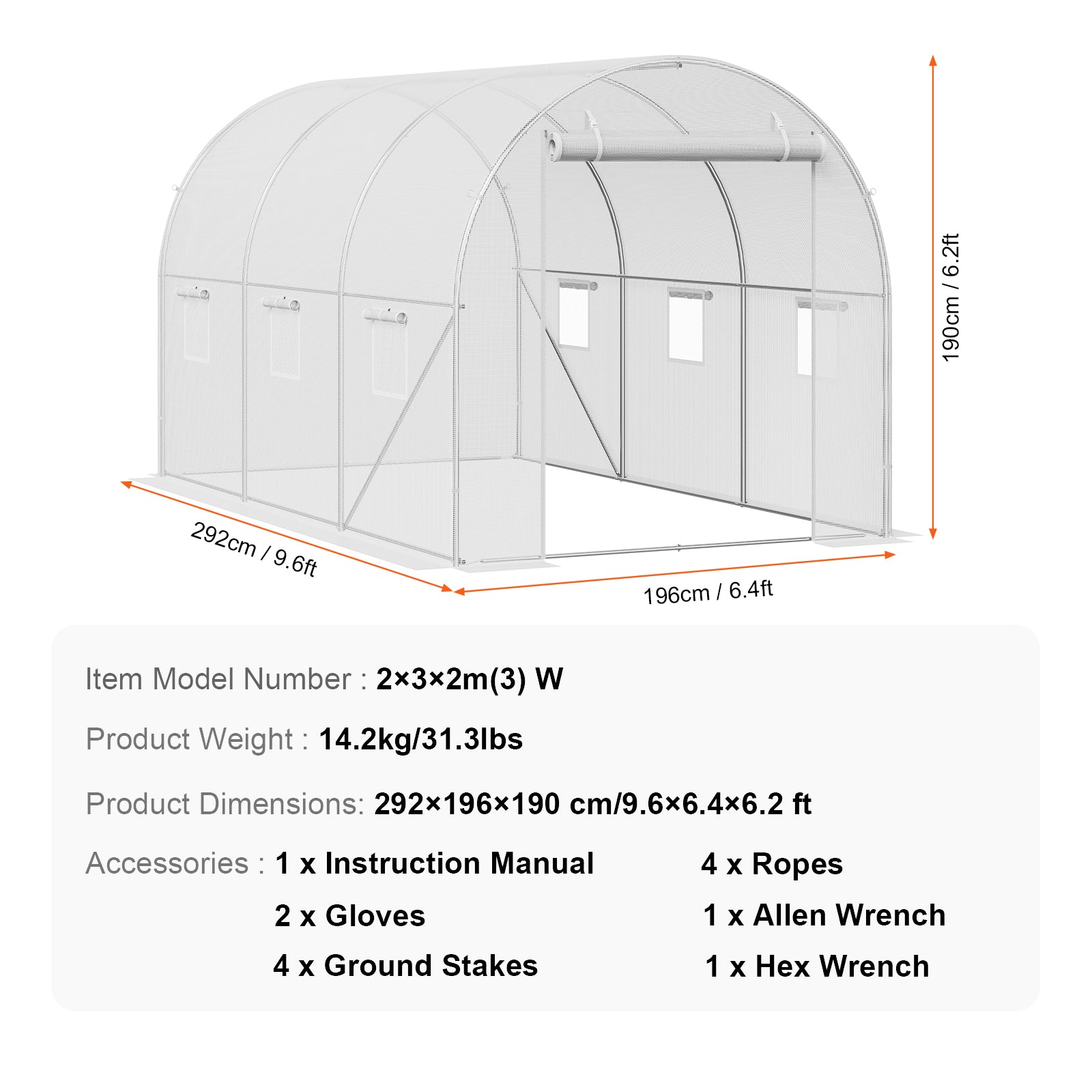 9.58ft x 6.43ft x 6.23ft Walk‑In Tunnel Greenhouse — Heavy‑Duty Galvanized Frame Thick PE Cover & Ventilation Windows White