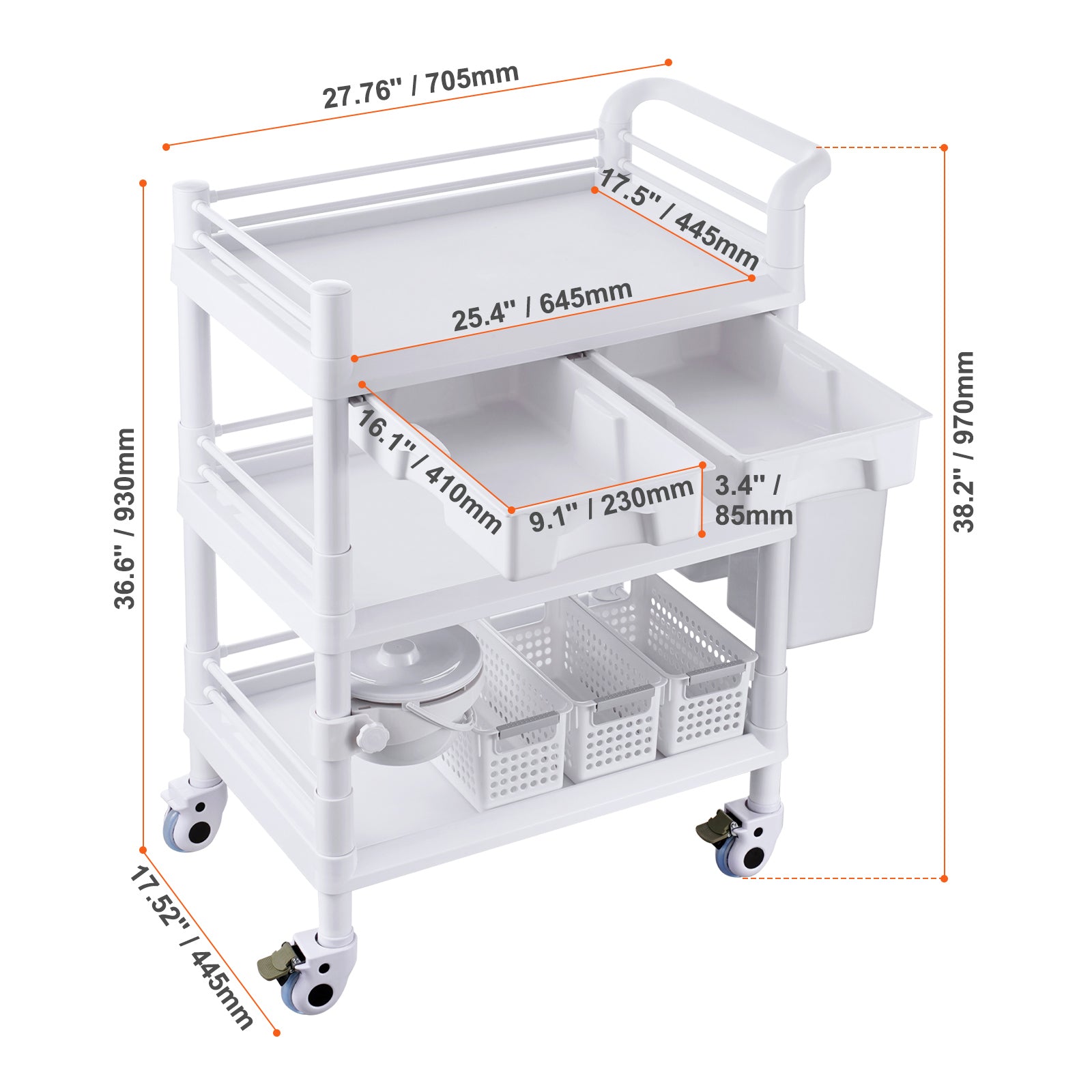 3 Tiers Lab Carts Mobile Medical Cart with 3 Trays & 3 Trash Cans White, Trolley Storage Cart with PP Material, Lab Rolling Cart with 4 Silent Wheels for Lab, Clinic, Hospital, Salon, Office