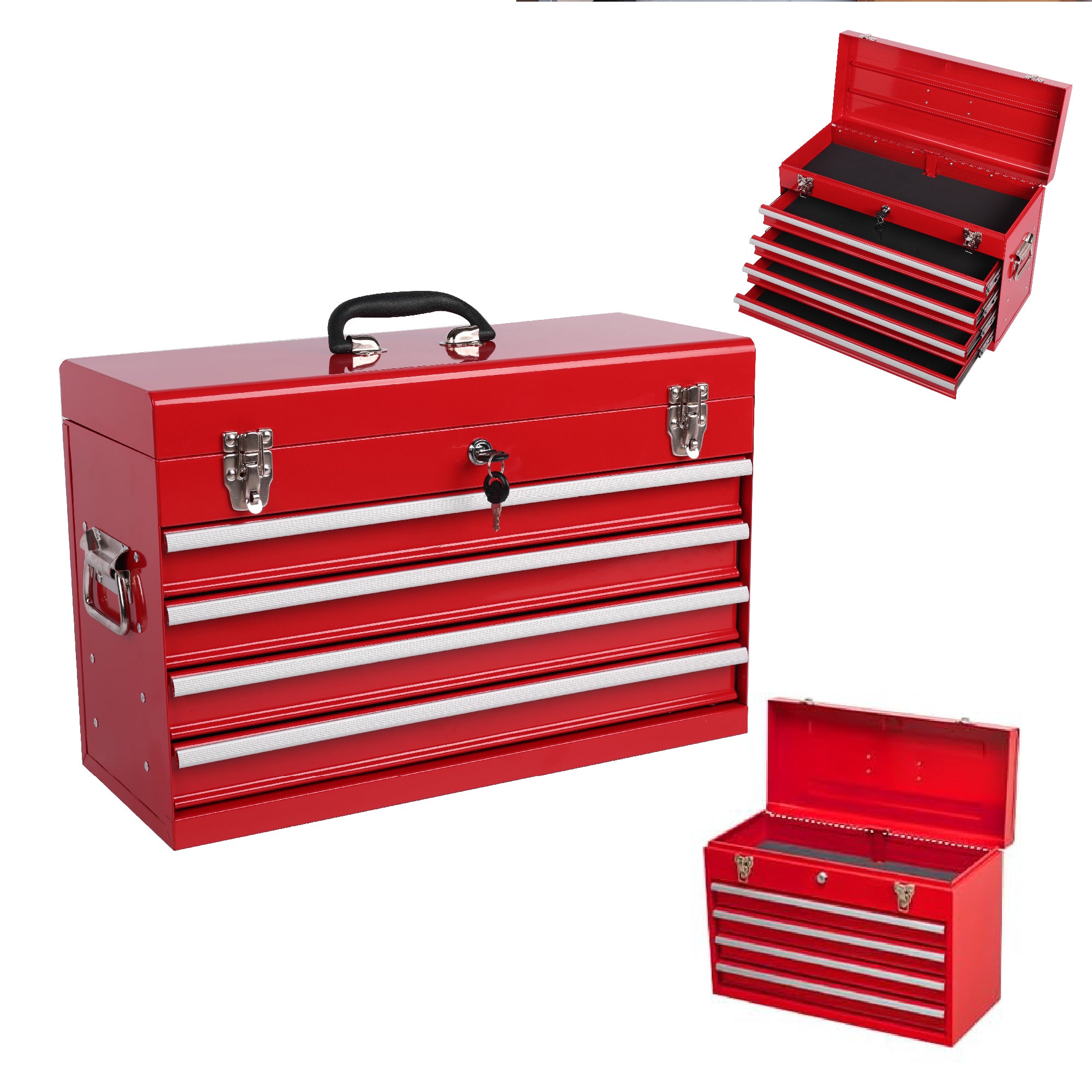 21" Heavy-Duty Red Steel Tool Box | 4 Smooth-Glide Drawers
