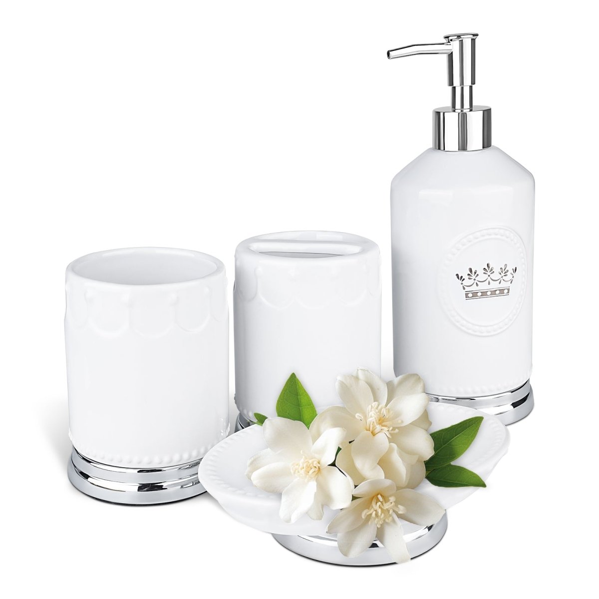 Bathroom Accessory Set, 4 Pcs Ceramic Sets with Crown Motif, Toothbrush Holder, Soap Dispenser, Soap Dish, Tumbler Cup（ White and Silver） - HomeDIYer
