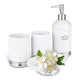 Bathroom Accessory Set, 4 Pcs Ceramic Sets with Crown Motif, Toothbrush Holder, Soap Dispenser, Soap Dish, Tumbler Cup（ White and Silver）