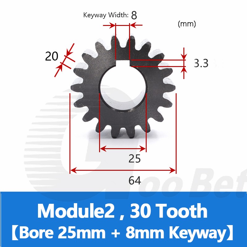 Spur Gear C45 Steel Black Oxided Module 2 Pinion 12-30 Tooth Keyway 10-32mm Flat