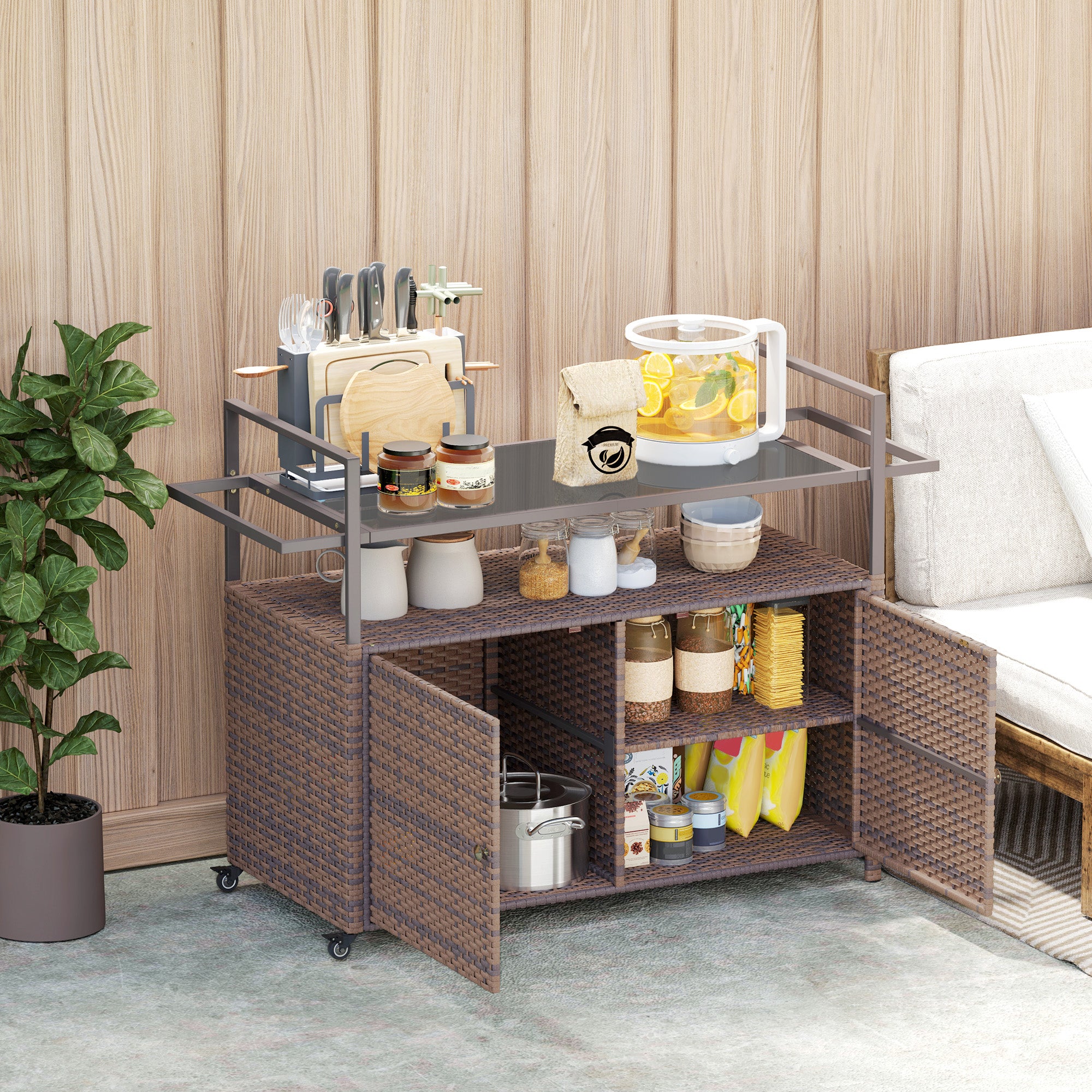 Outsunny 2-Tier Shelf PE Rattan Outdoor Bar Table, Glass Top Outdoor Serving Cart with Cabinet, Mixed Brown