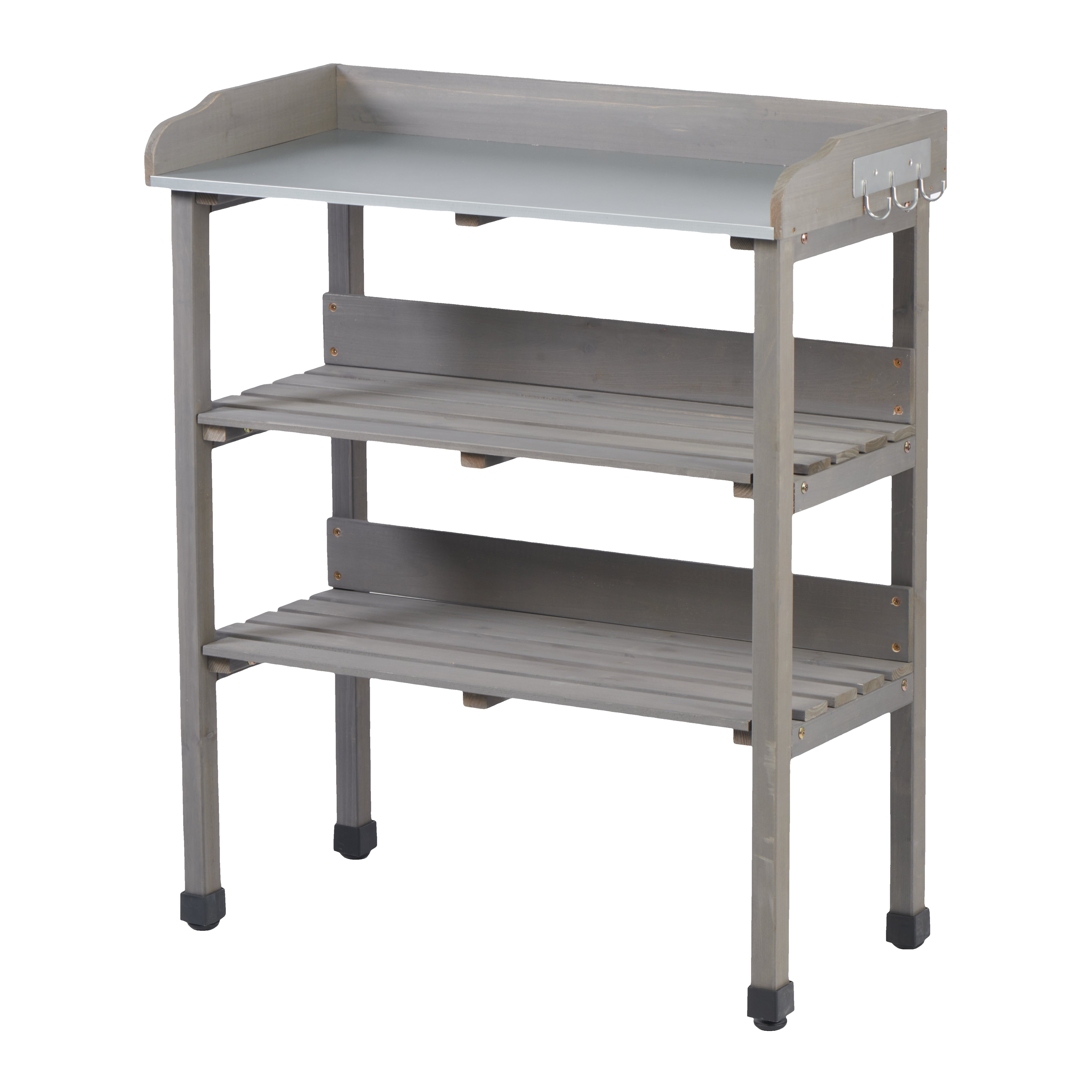 30″x14.5″×35.5″ Potting Table w/Metal Tabletop, 3 Layers Outdoor Work Bench w/Hook for Garden, Solid Wood Workstation for Garage