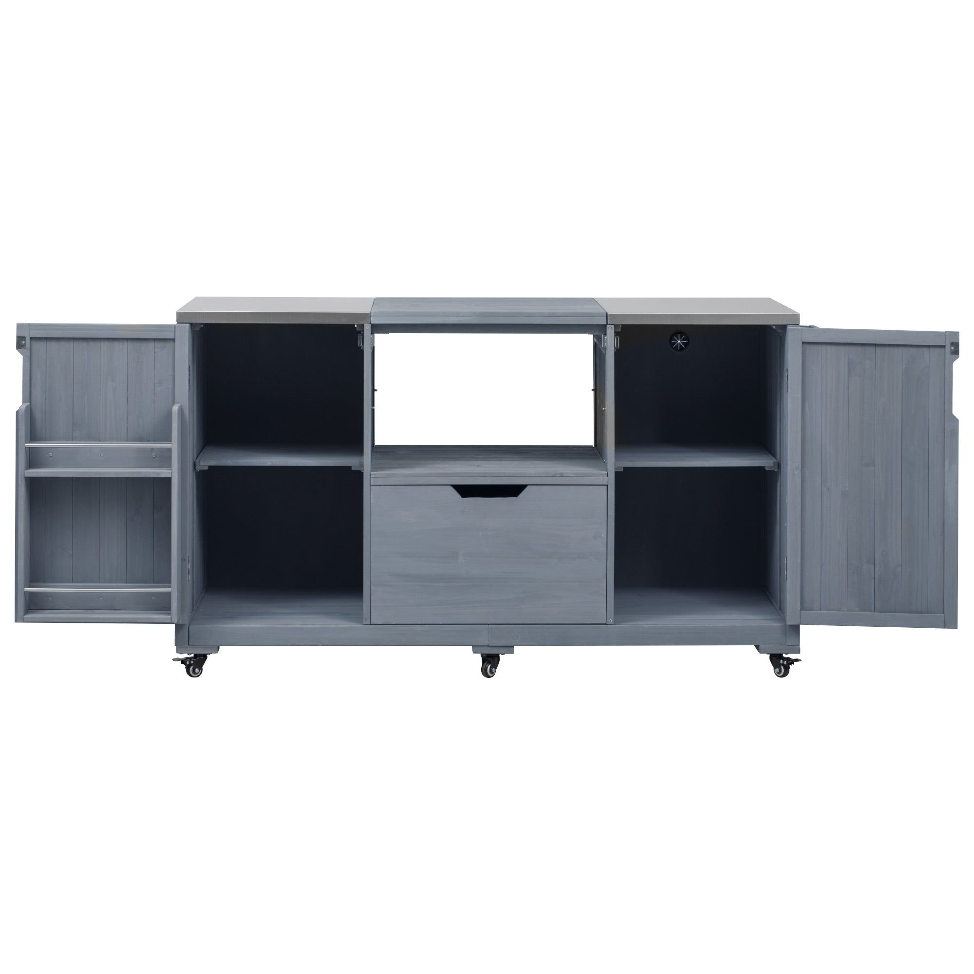 K&K 66.5" Outdoor Kitchen Island for Big Green Egg Grills, Solid Wood Outdoor Grill Cart for Tabletop Grill with Stainless Steel Top, Drawer, Compatible with Large Big Green Egg, Kamado Joe- Grey Blue