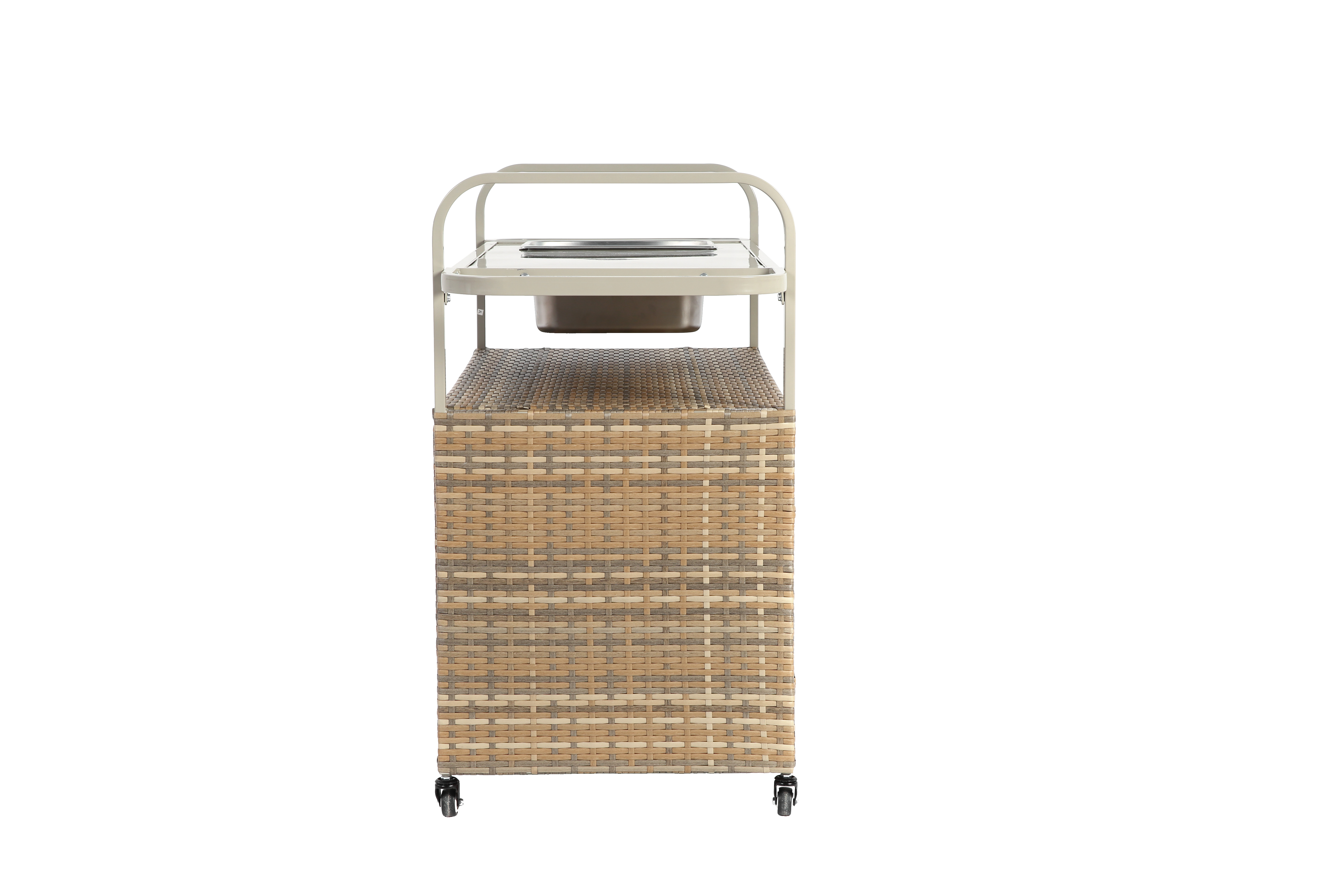 Outdoor Bar Table, Wicker Bar Cart with Cabinet, Patio Serving Cart with steel Top, with one ice bucket,Lockable Wheels, Side Basket for Garden, Poolside & Backyard, Beige