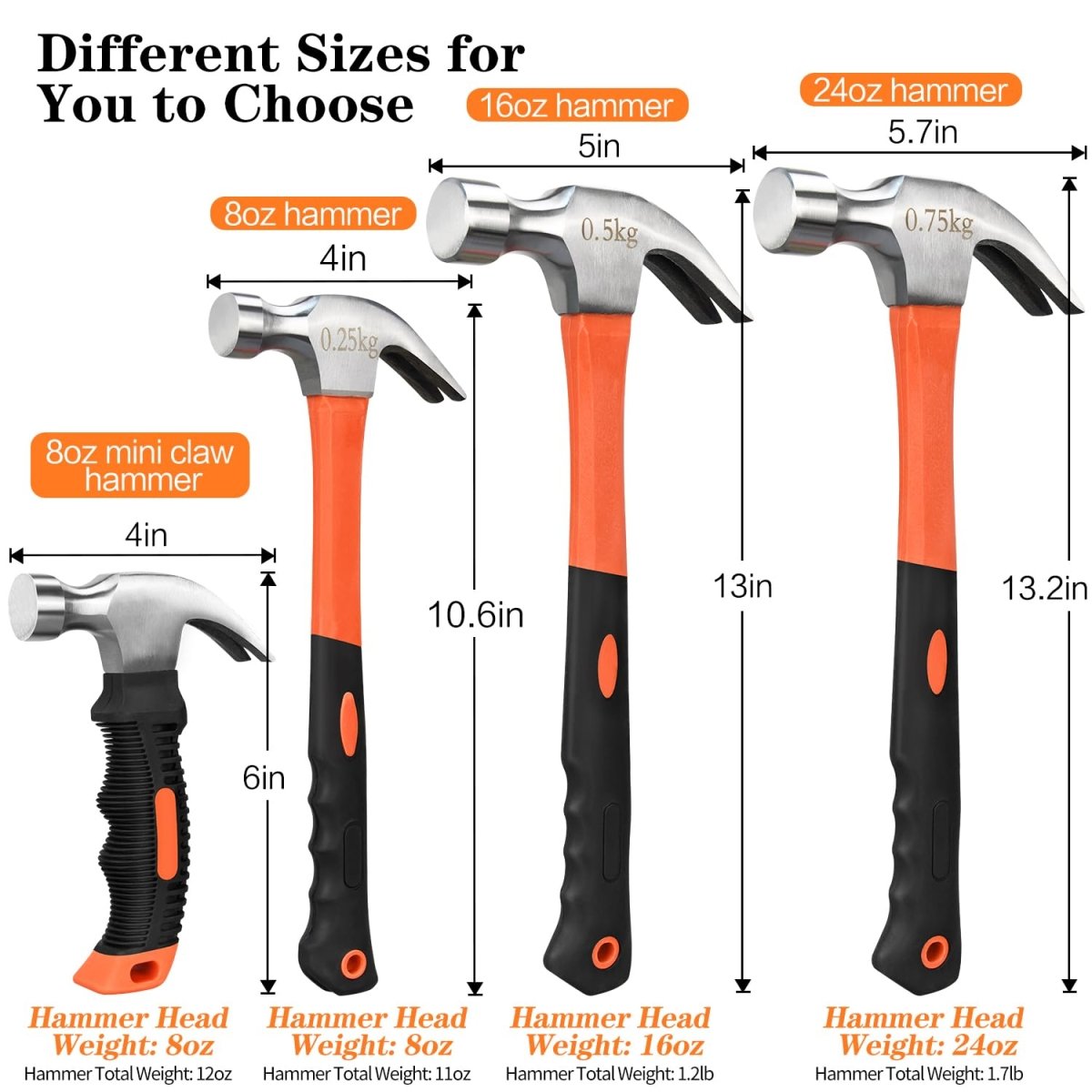 8/16/24oz Straight Rip Fiberglass General Purpose Claw Hammer, with Smooth Face & Non - slip Grip - HomeDIYer