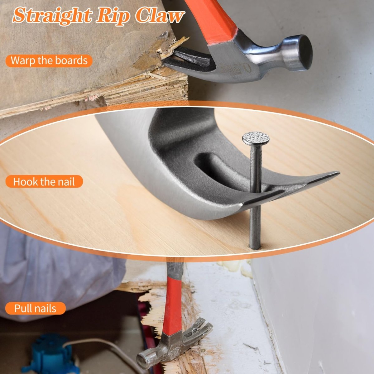 8/16/24oz Straight Rip Fiberglass General Purpose Claw Hammer, with Smooth Face & Non - slip Grip - HomeDIYer